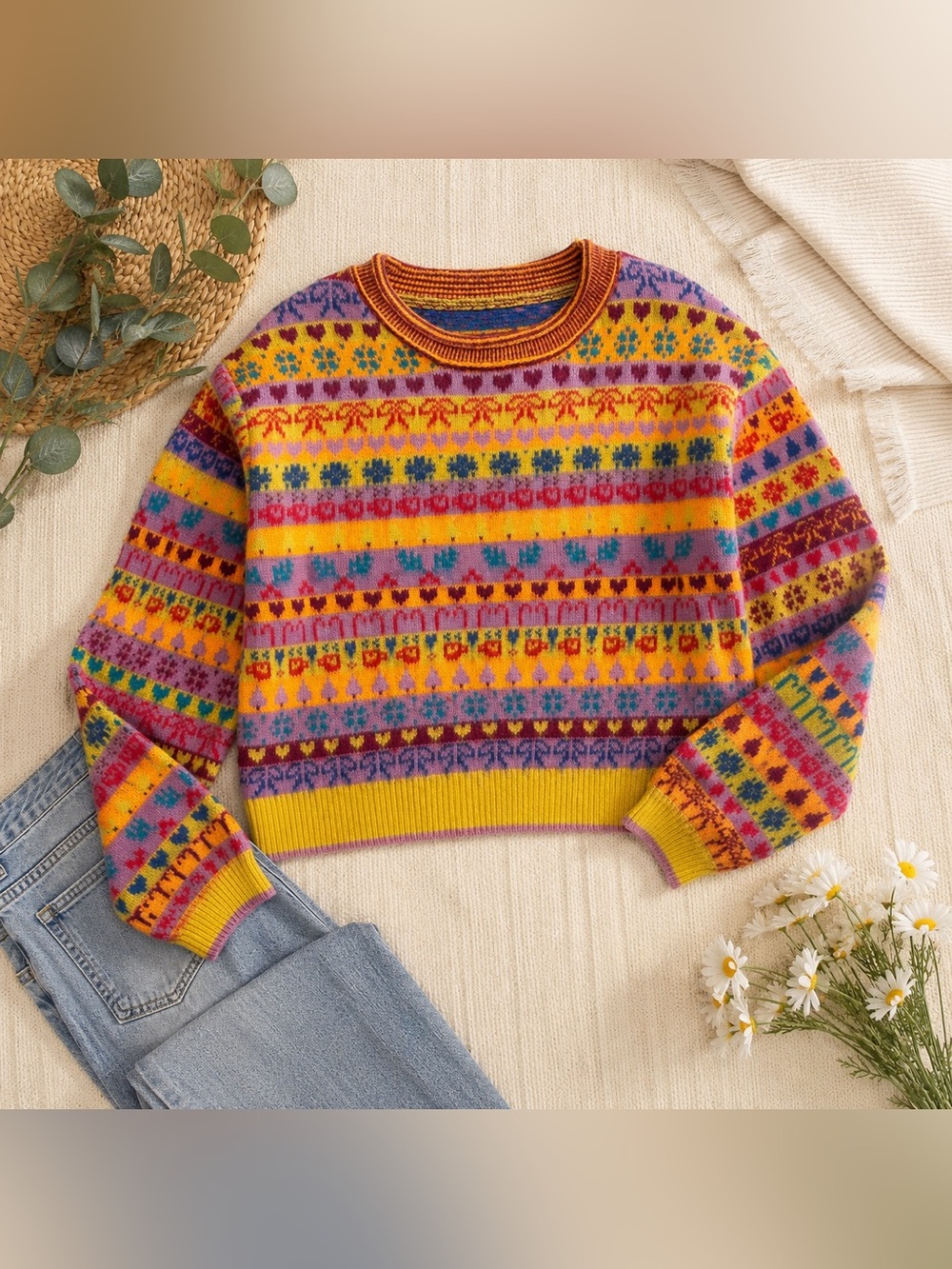 Free People Fair Isle Wool Blend Cropped Sweater Multicolor Balloon Sleeve Small